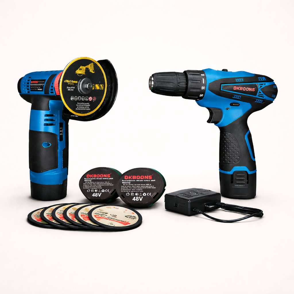 Set Polizor unghiular și Masina de gaurit cu impact 48V +2 baterii și 5 discuri cadou