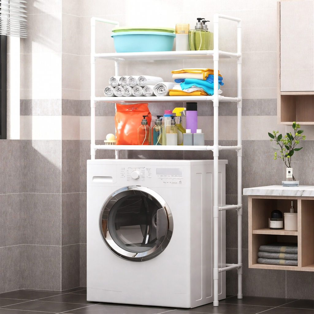 Raft depozitare pentru baie, masina de spalat, cu 3 polite, alb, 155x72x25cm