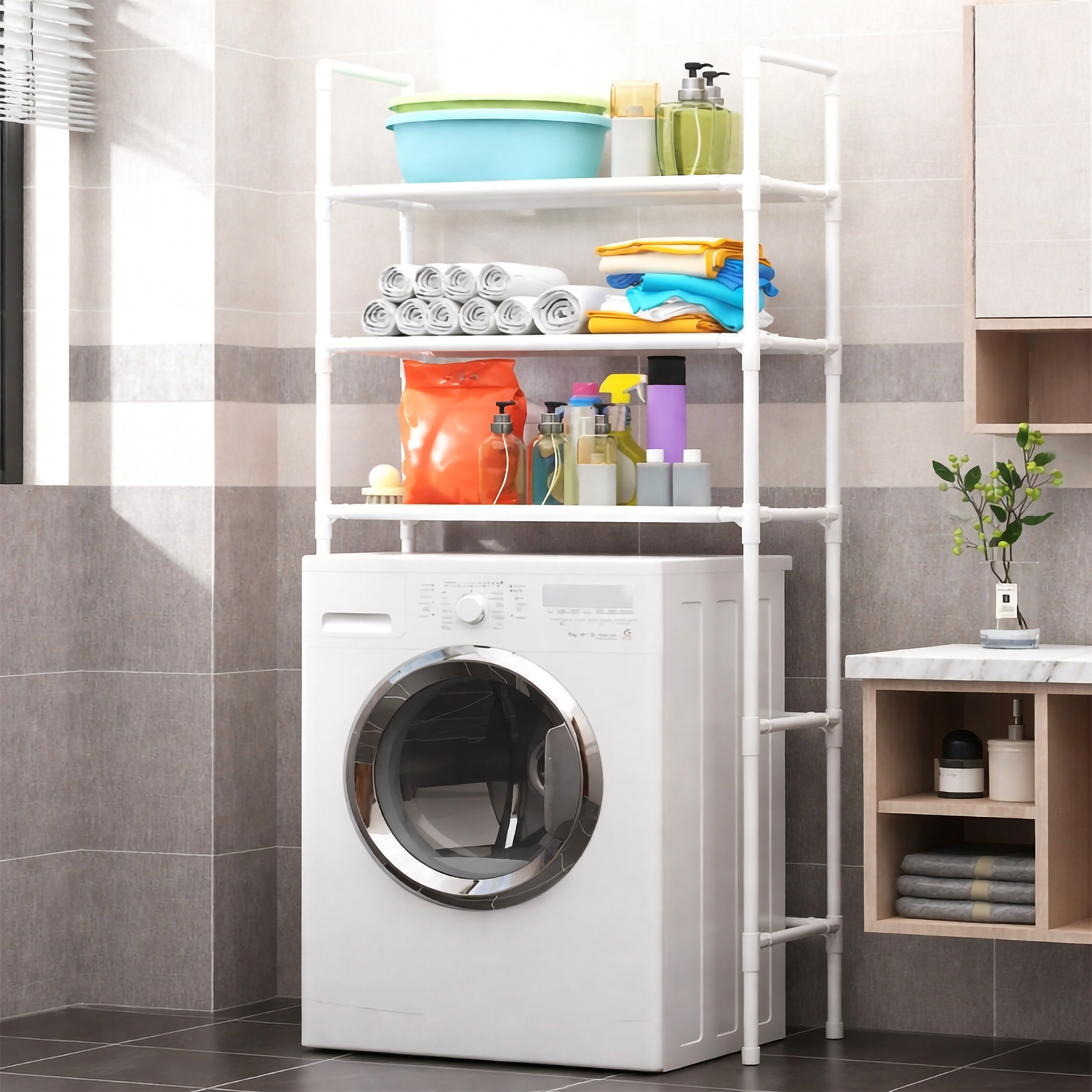 Raft depozitare pentru baie, masina de spalat, cu 3 polite, alb, 155x72x25cm