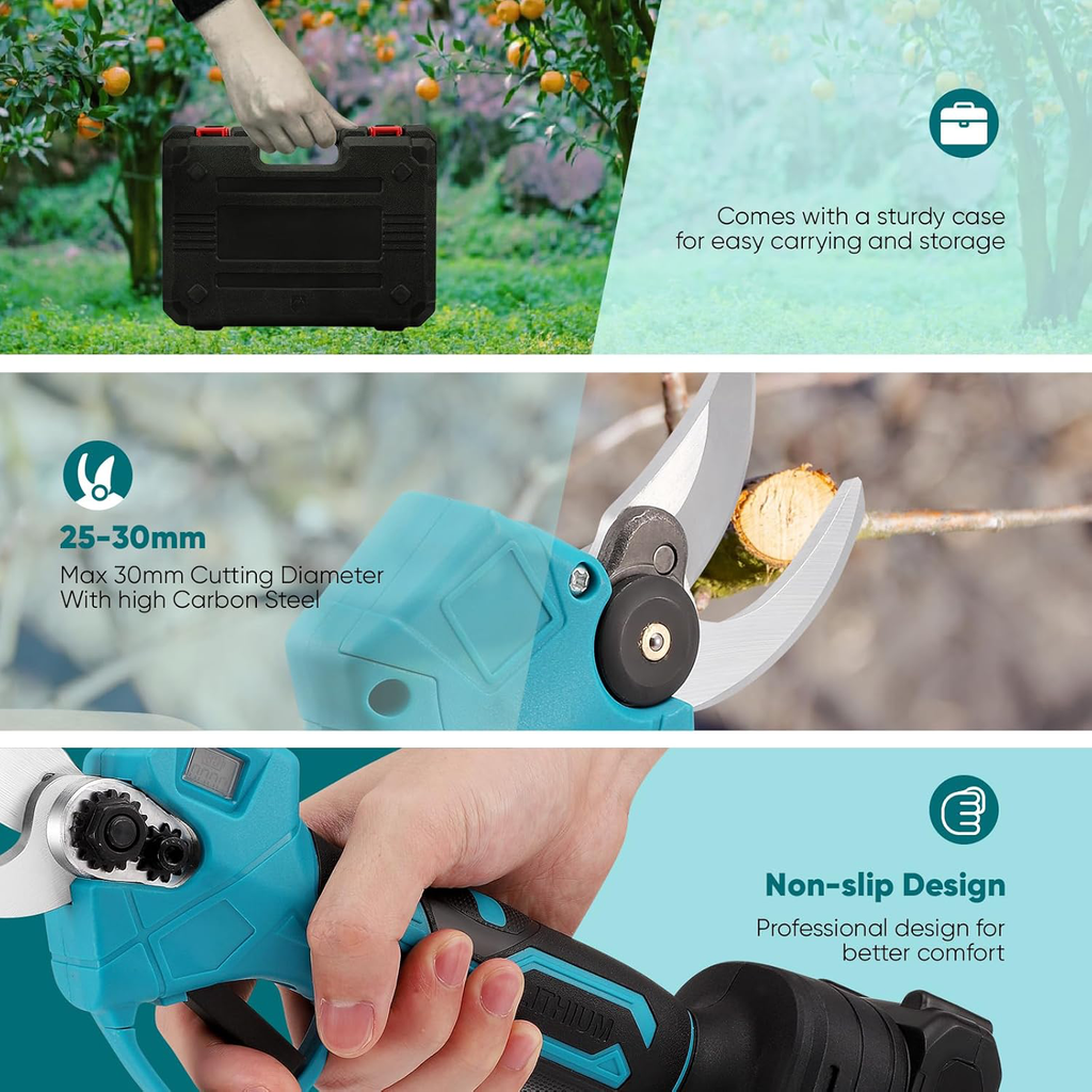 Foarfece de gradinarit fara fir,maner ergonomic, capacitate baterie 9000mAh, cu 2 baterii