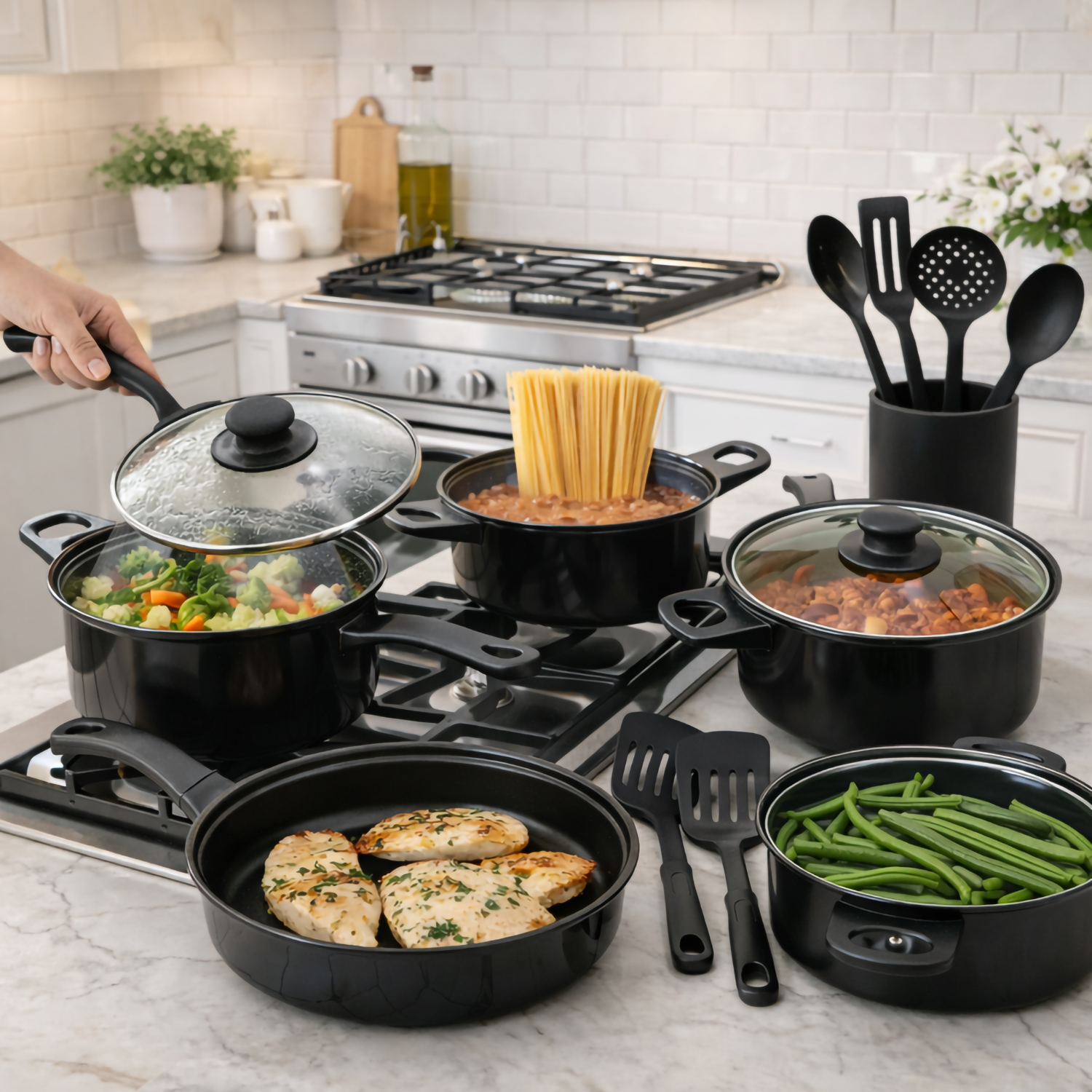 Set 13 piese oale și tigăi antiderapante cu accesorii