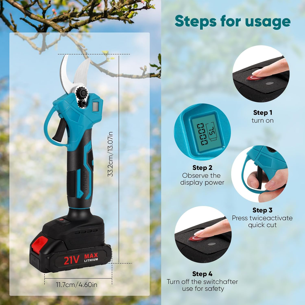 Foarfece de gradinarit fara fir,maner ergonomic, capacitate baterie 9000mAh, cu 2 baterii