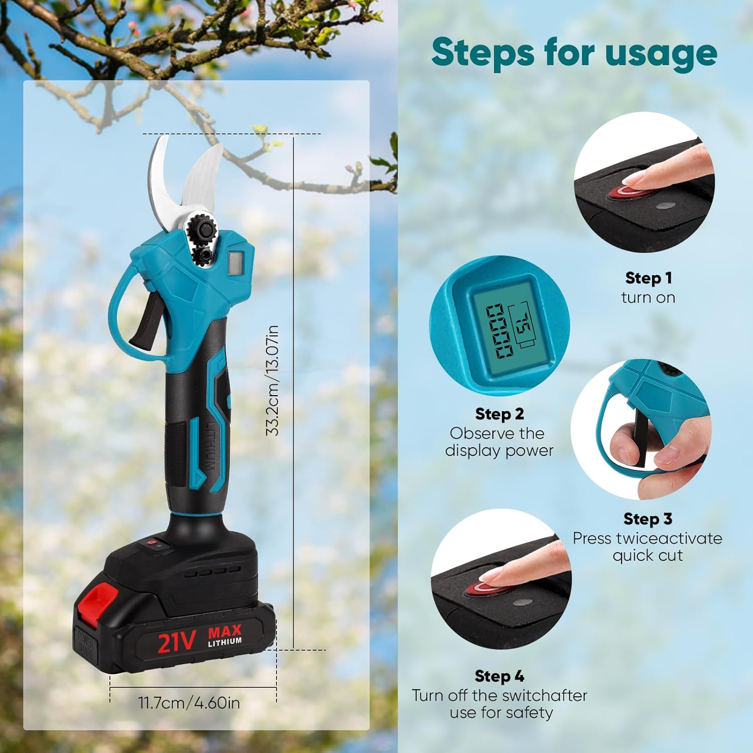 Foarfece de gradinarit fara fir,maner ergonomic, capacitate baterie 9000mAh, cu 2 baterii