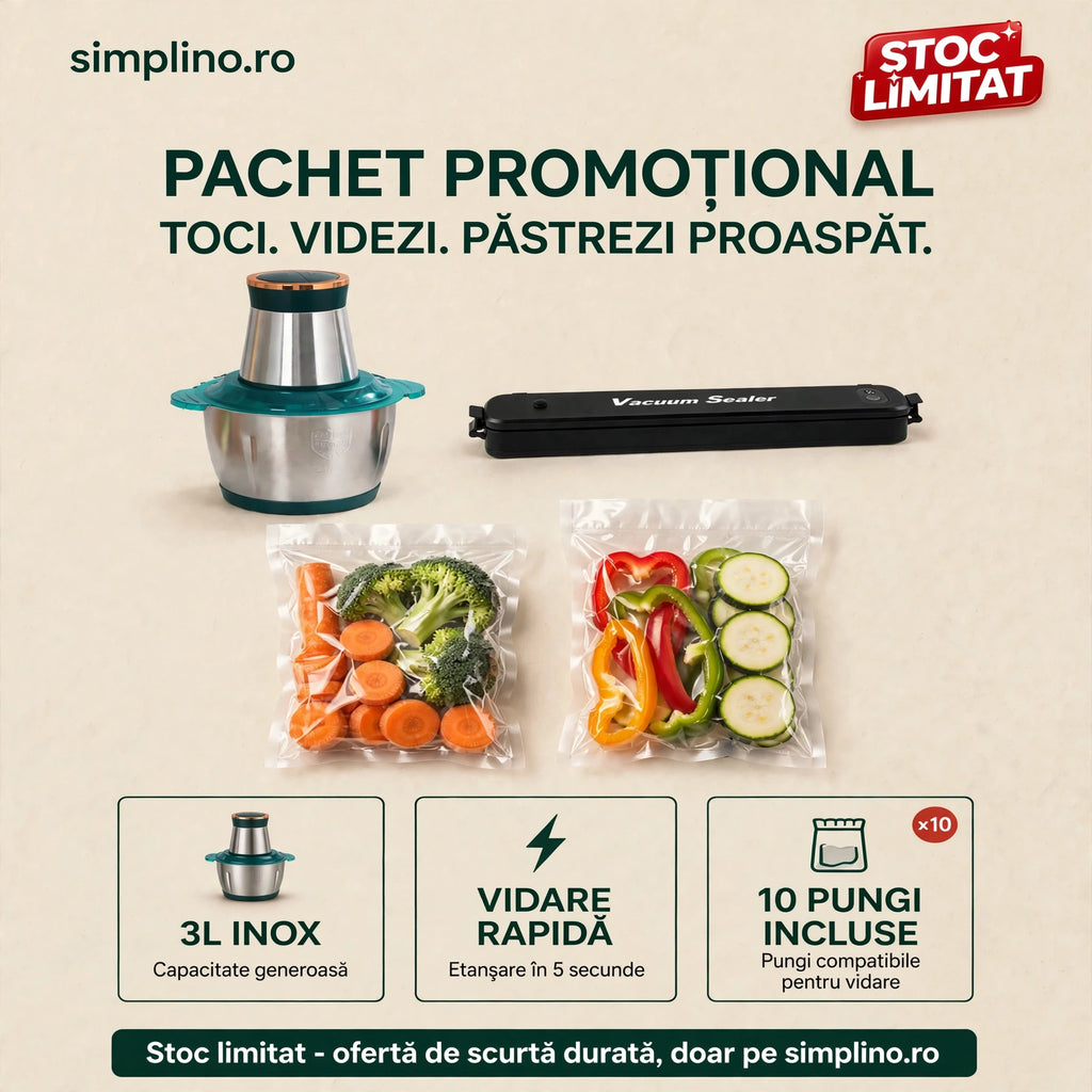 Pachet Promoțional: Tocător Electric 3L Inox + Aparat de Vidat cu 10 Pungi Incluse