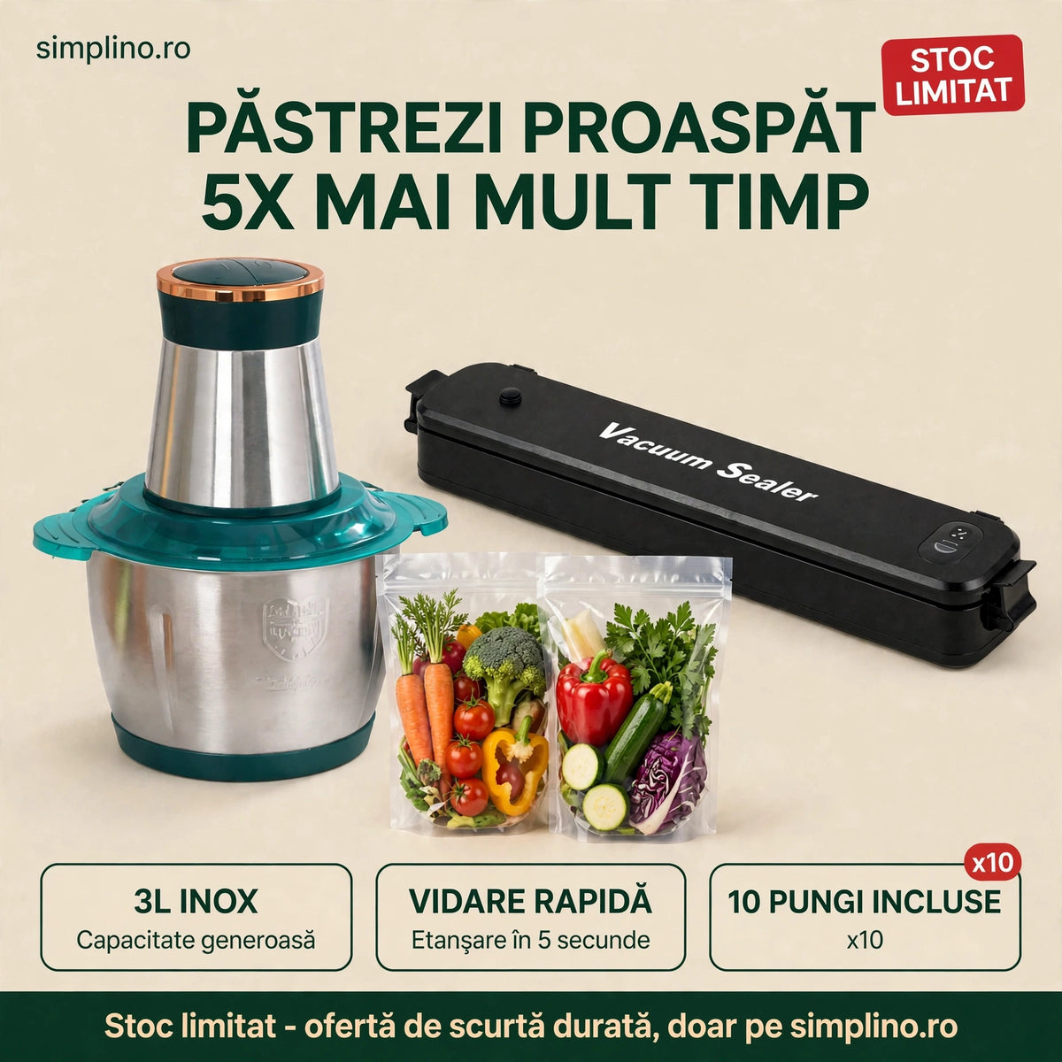 Pachet Promoțional: Tocător Electric 3L Inox + Aparat de Vidat cu 10 Pungi Incluse
